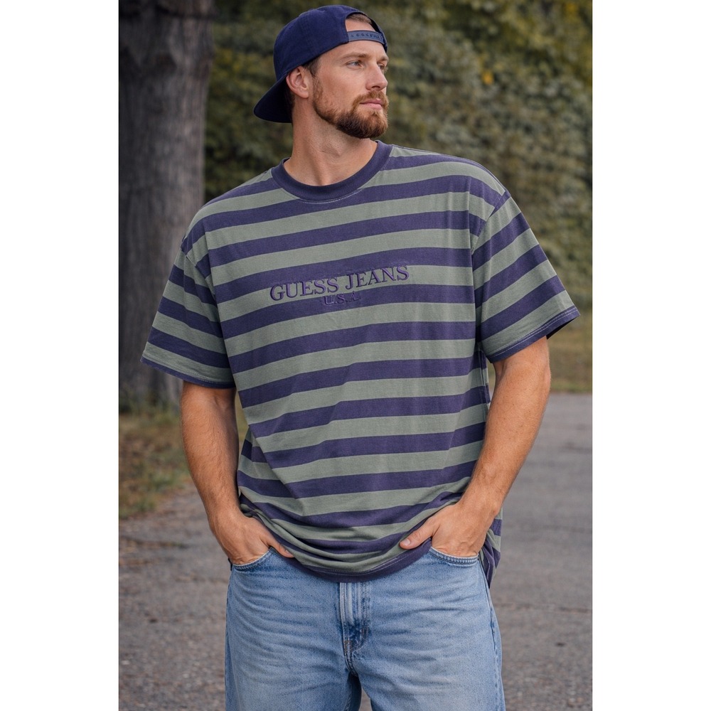Vintage Guess Jeans USA Striped T Shirt XL 90s Made in USA Embroidered Logo - Picture 7 of 7